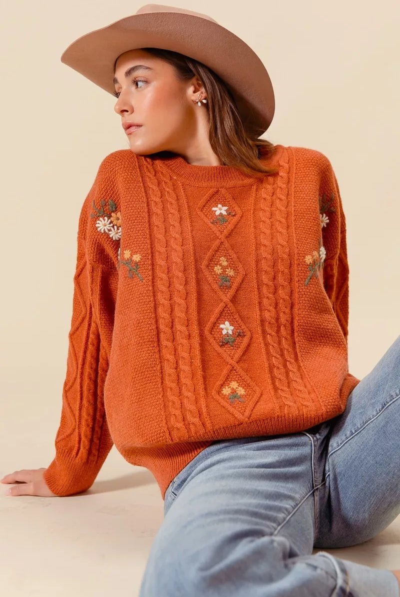 Embroidered Flower Cable Knitted Sweater