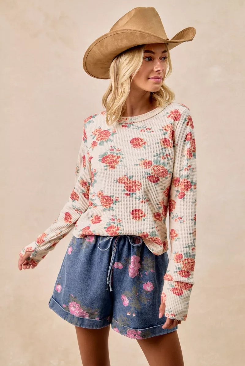 Floral Washed Waffle Thermal Top