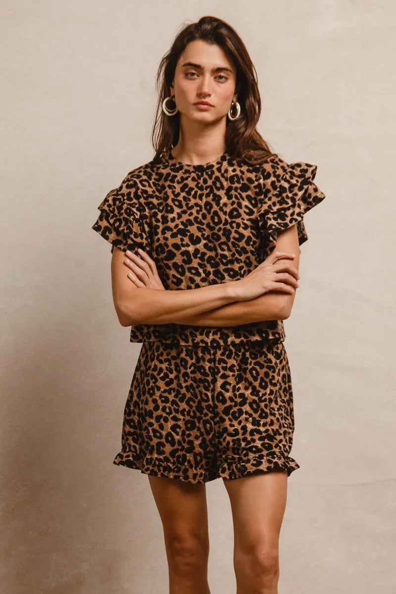 Leopard Print Waffle Texture Top and Shorts Set