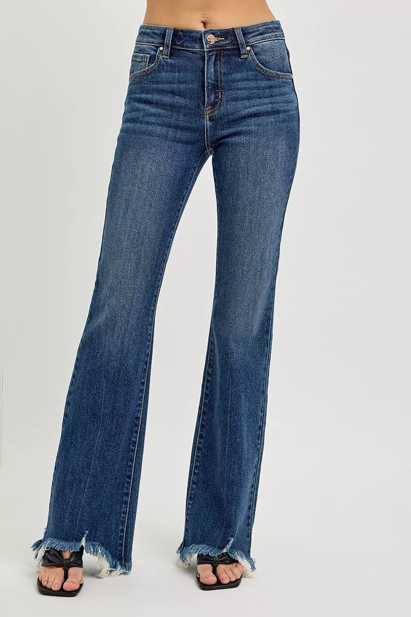 Mid Rise Flare Frayed Hem Jeans