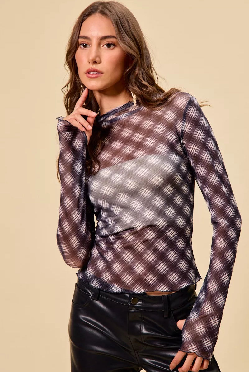 Plaid Mesh Knit Top with Thumb Opening