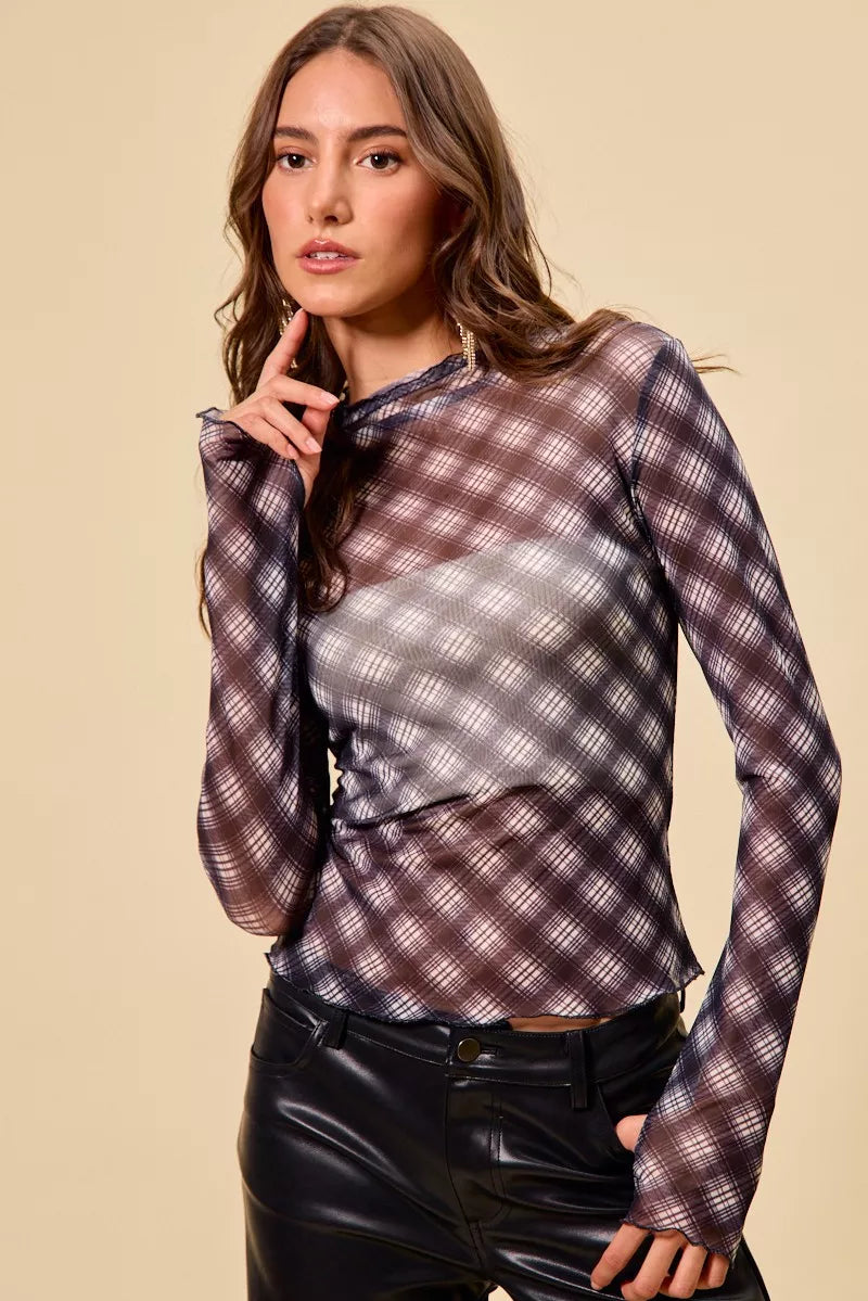 Plaid Mesh Knit Top with Thumb Opening