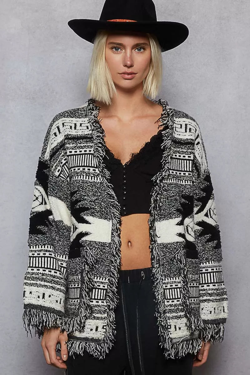 Open Front Geometric Print Cardigan