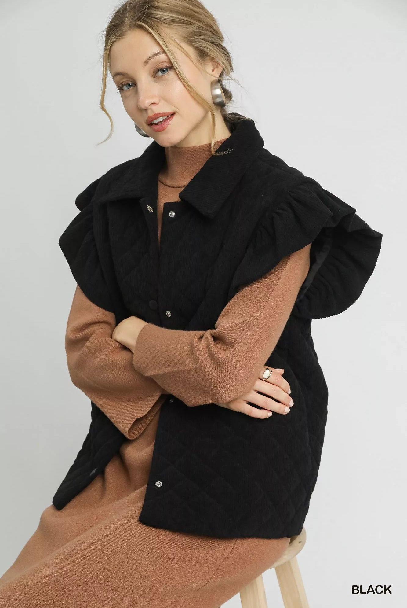 Corduroy Quilted Ruffle Sleeve Vest