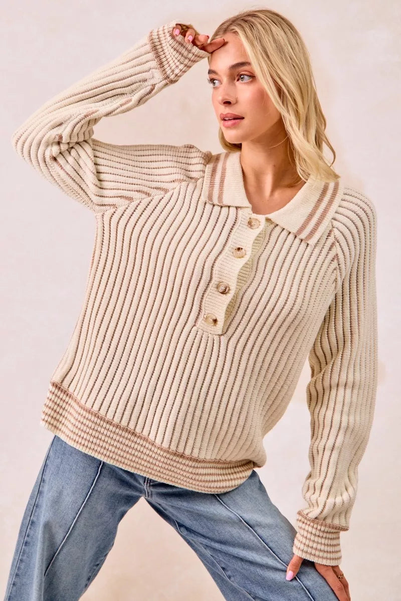 Half Button Ribbed Two Tone Sweater