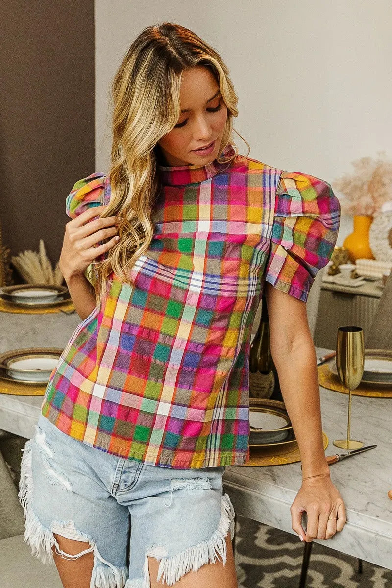BiBi Short Puff Sleeve Washed Vintage Plaid Top
