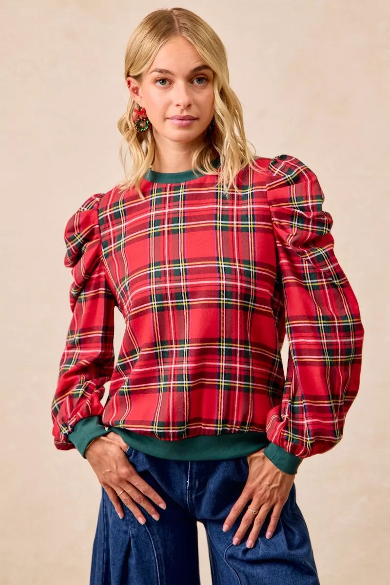 Plaid Exaggerated Shoulder Top