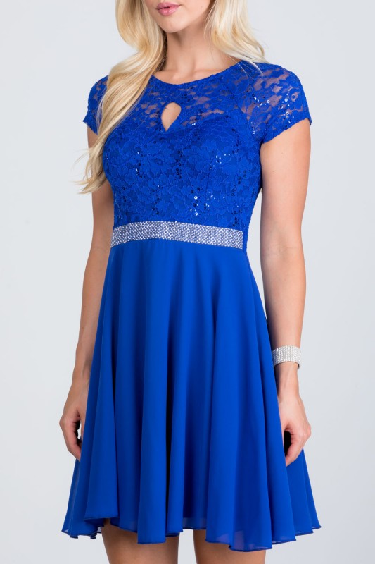 Lace Bodice Beaded Belt Chiffon Mini Dress
