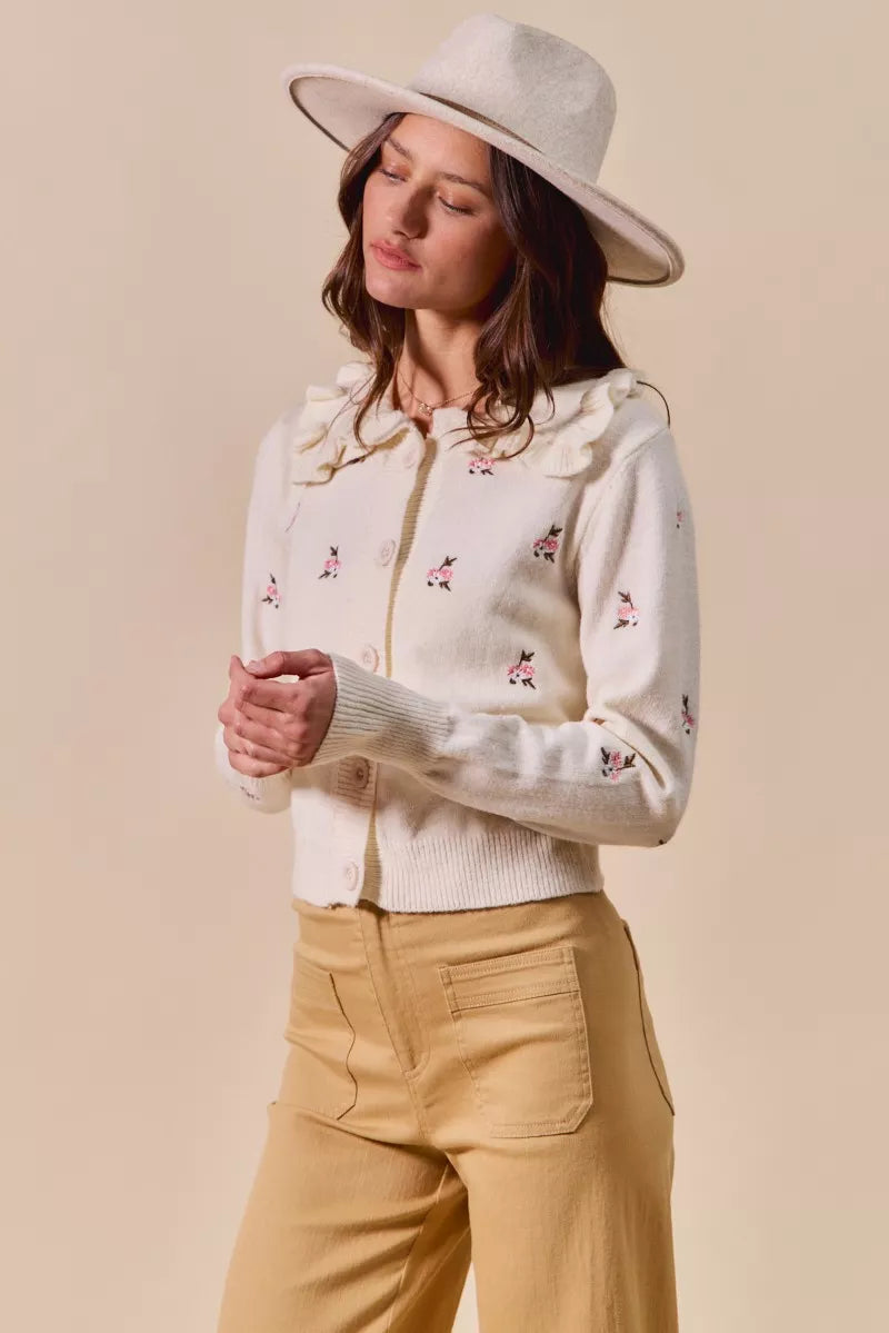 Collared Floral Embroidered Button Down Cardigan