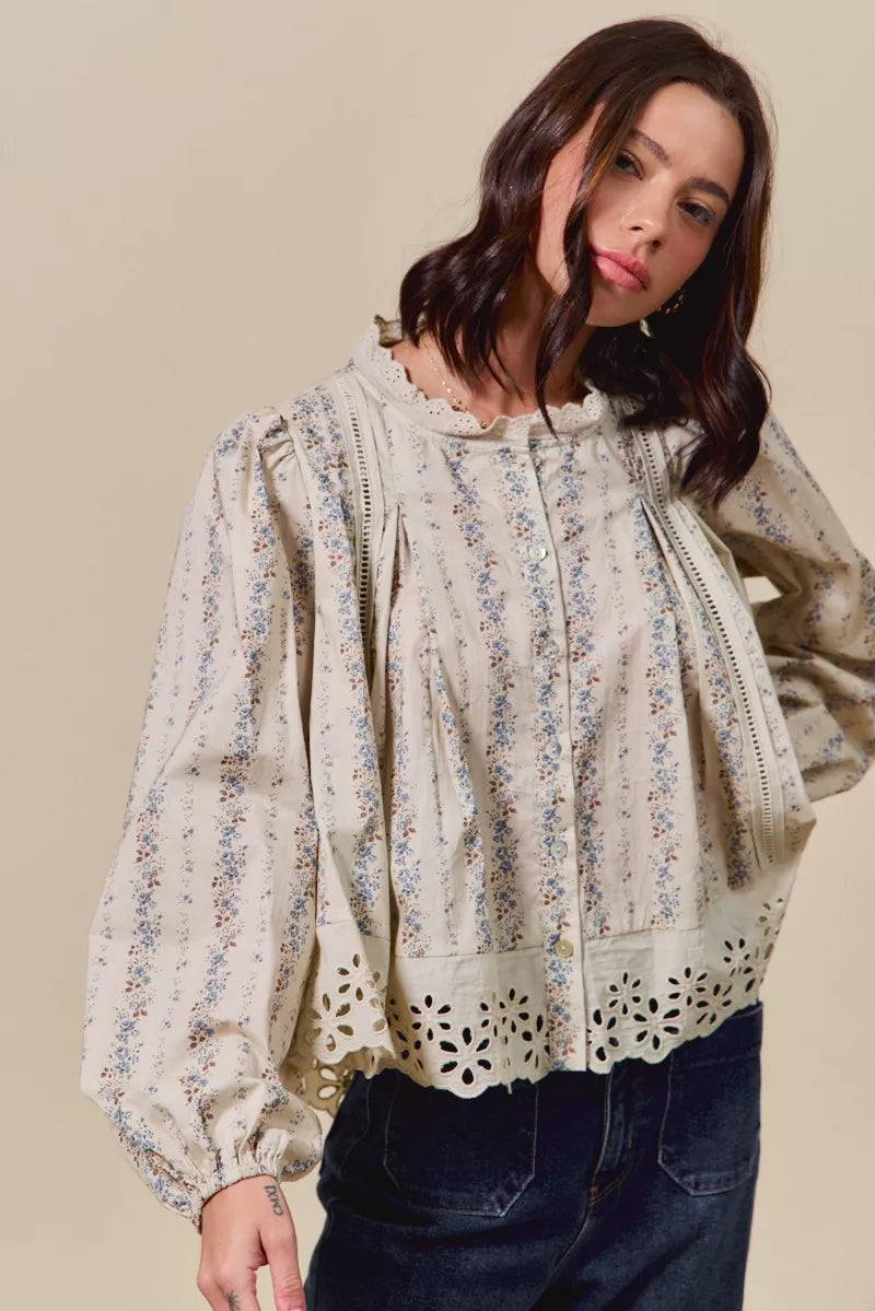 Floral Print Lace Button Down Shirt