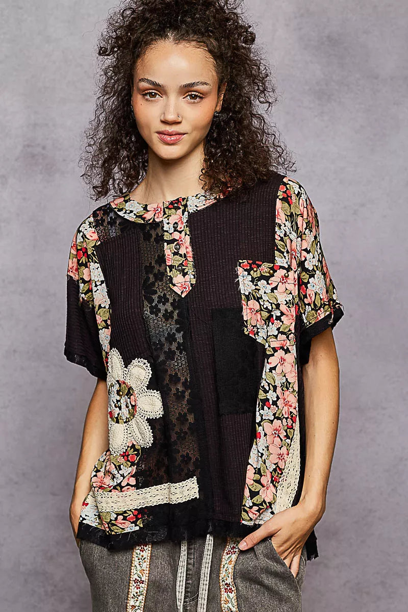POL Lace Round Neck Short Sleeve Floral Pattern Top with Patch Detail