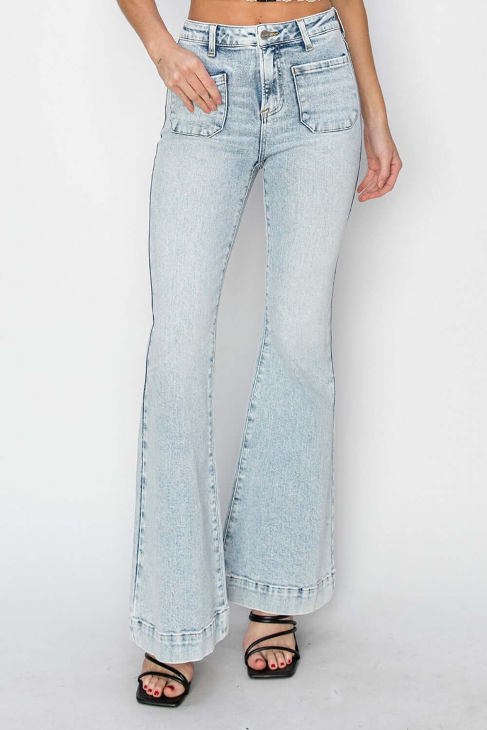 High Rise Front Patch Pocket Flare Jeans