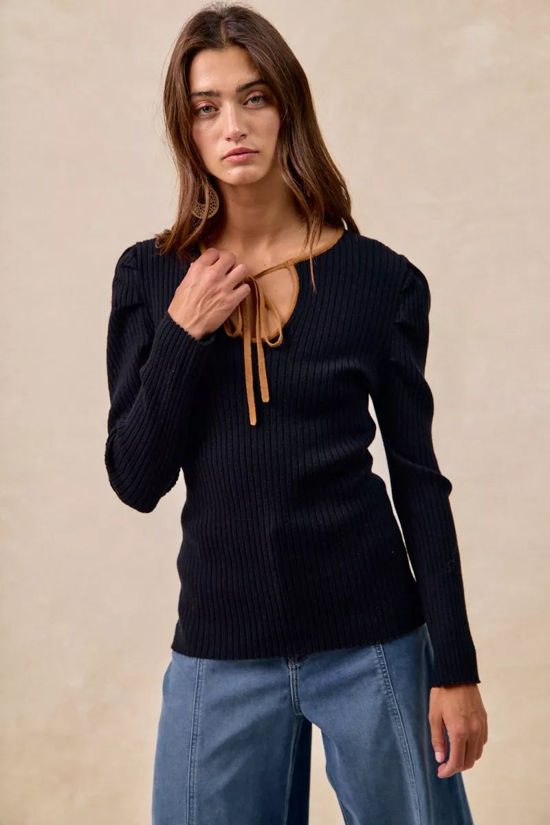 Ribbed Contrast Front Tied Top