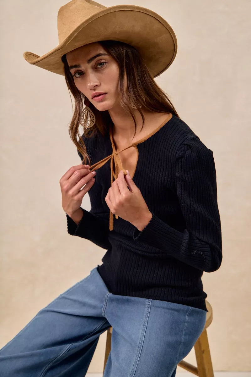 Ribbed Contrast Front Tied Top