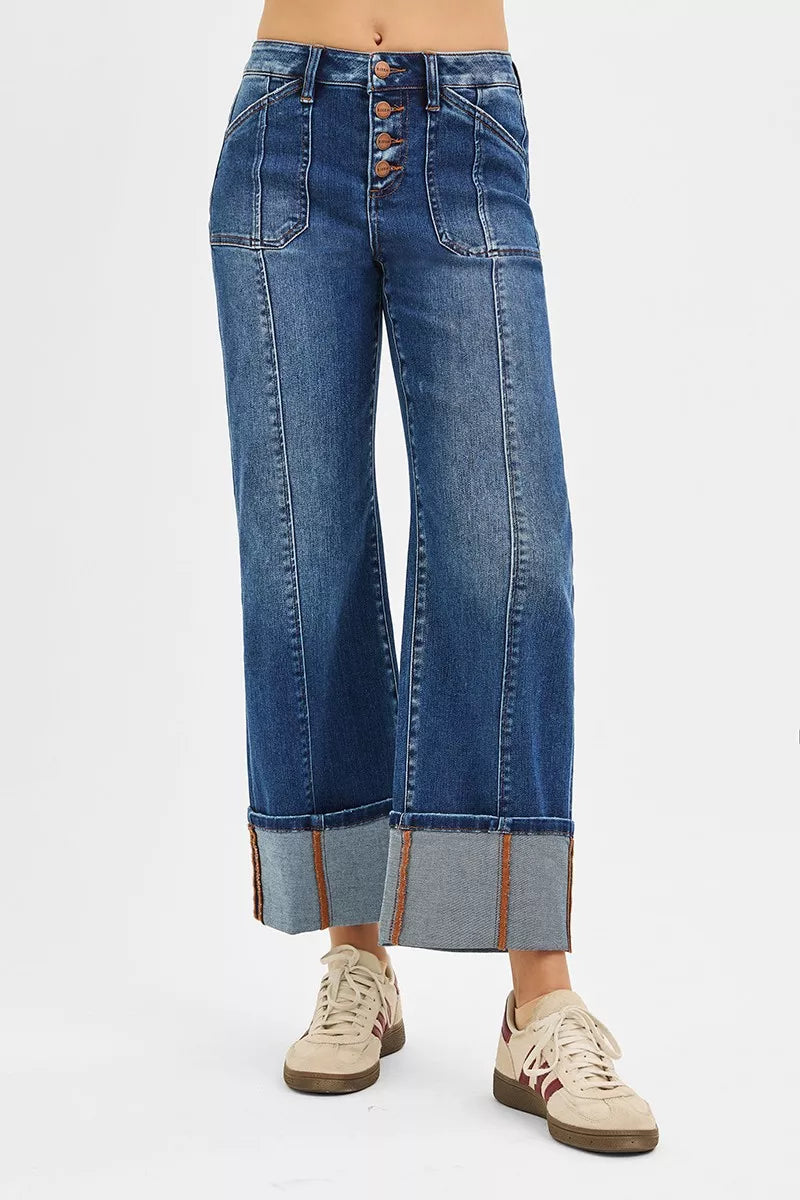 High Rise Crop Wide Straight Cuffed Jeans
