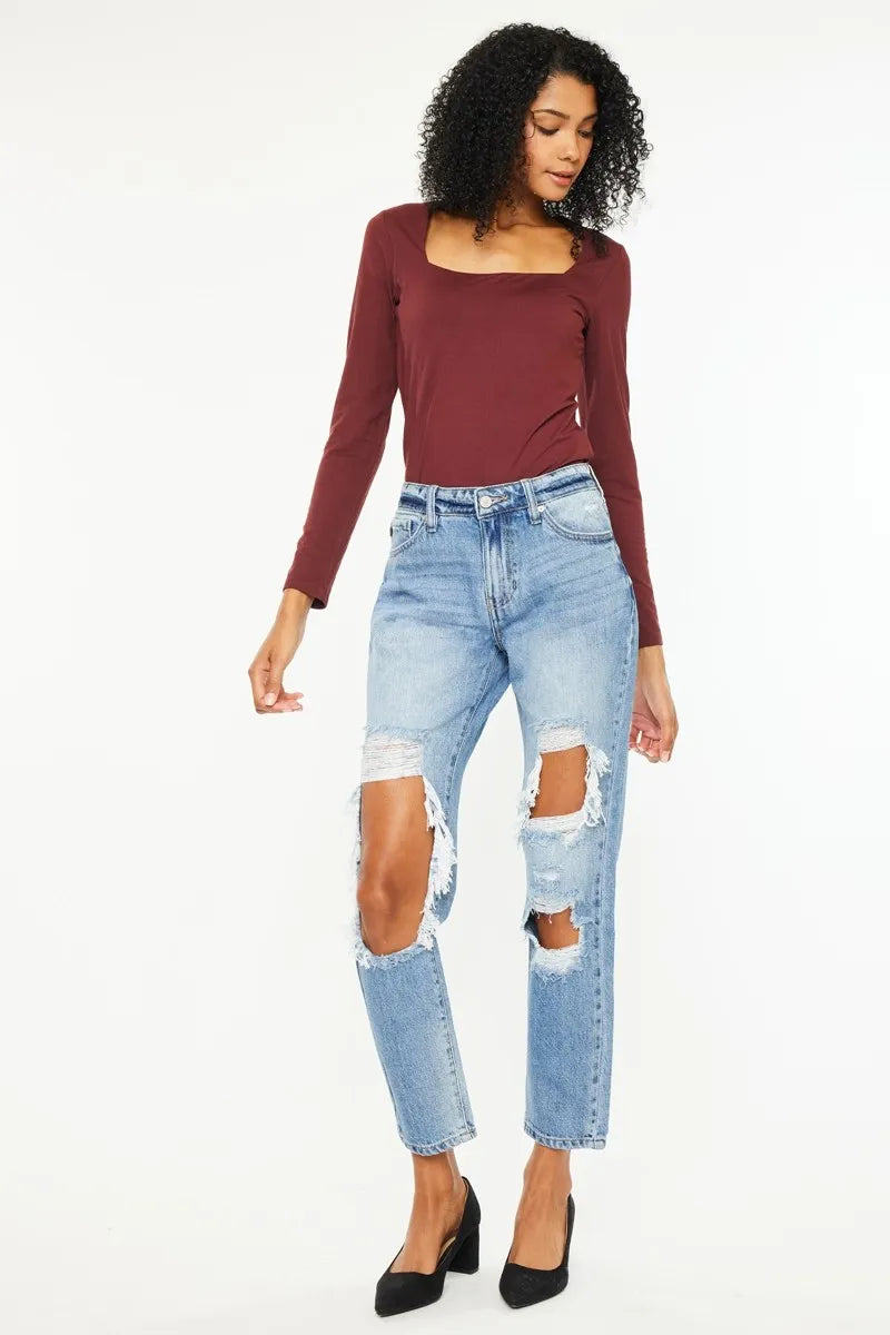High Rise Distressed Boyfriend Jeans
