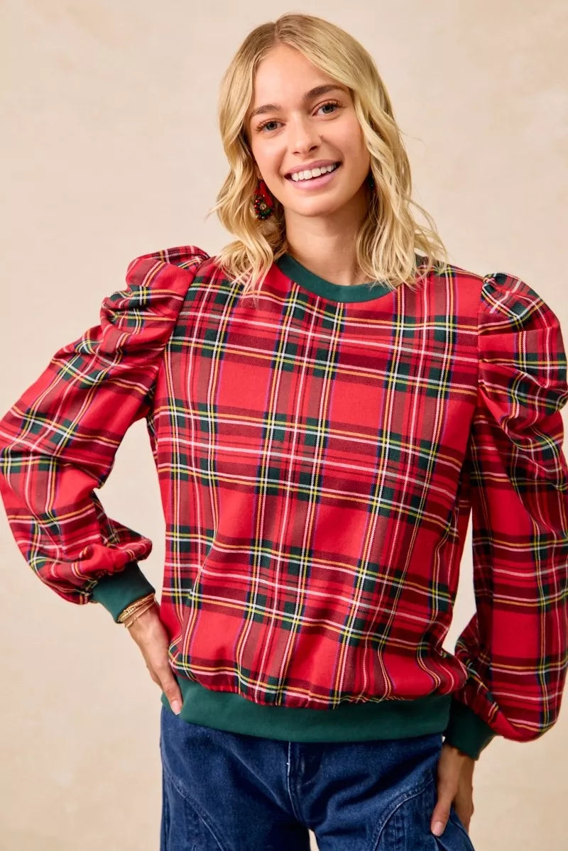 Plaid Exaggerated Shoulder Top