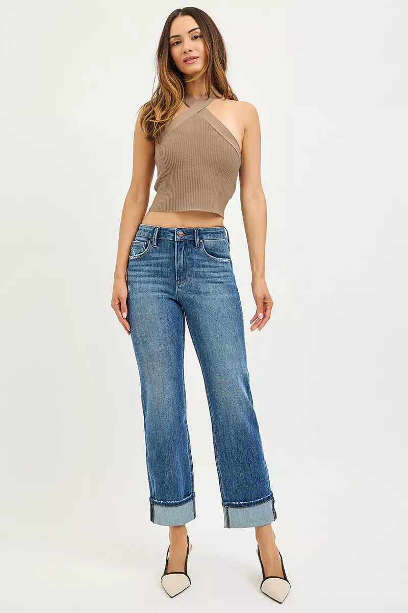 4 Way Stretch Slouchy Straight Jeans with Cuffed Hem