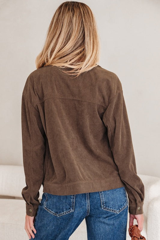 Corduroy Lapel Collar Zip-Up Buttoned Jacket