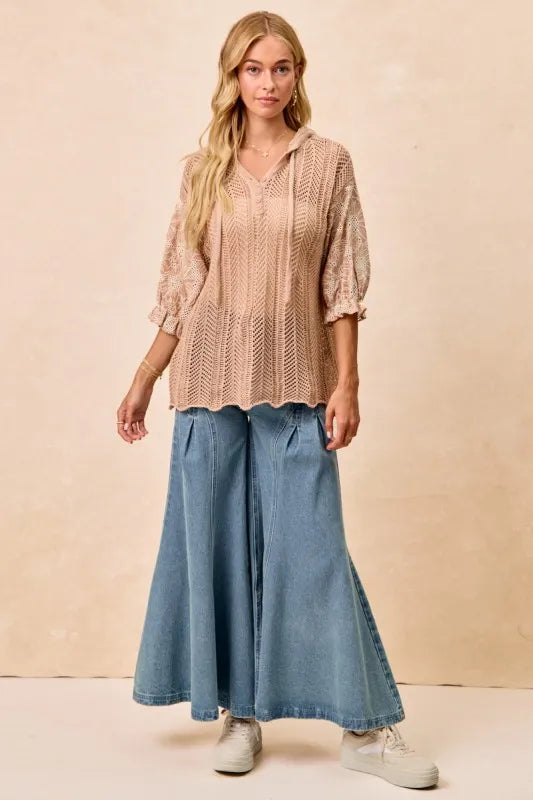 Jacquard Flower Puff Sleeve Hooded Knit Top