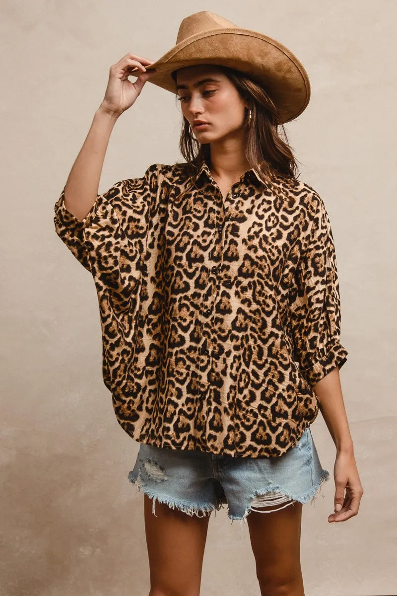 BiBi Leopard Prints Overseized Short Sleeves Top