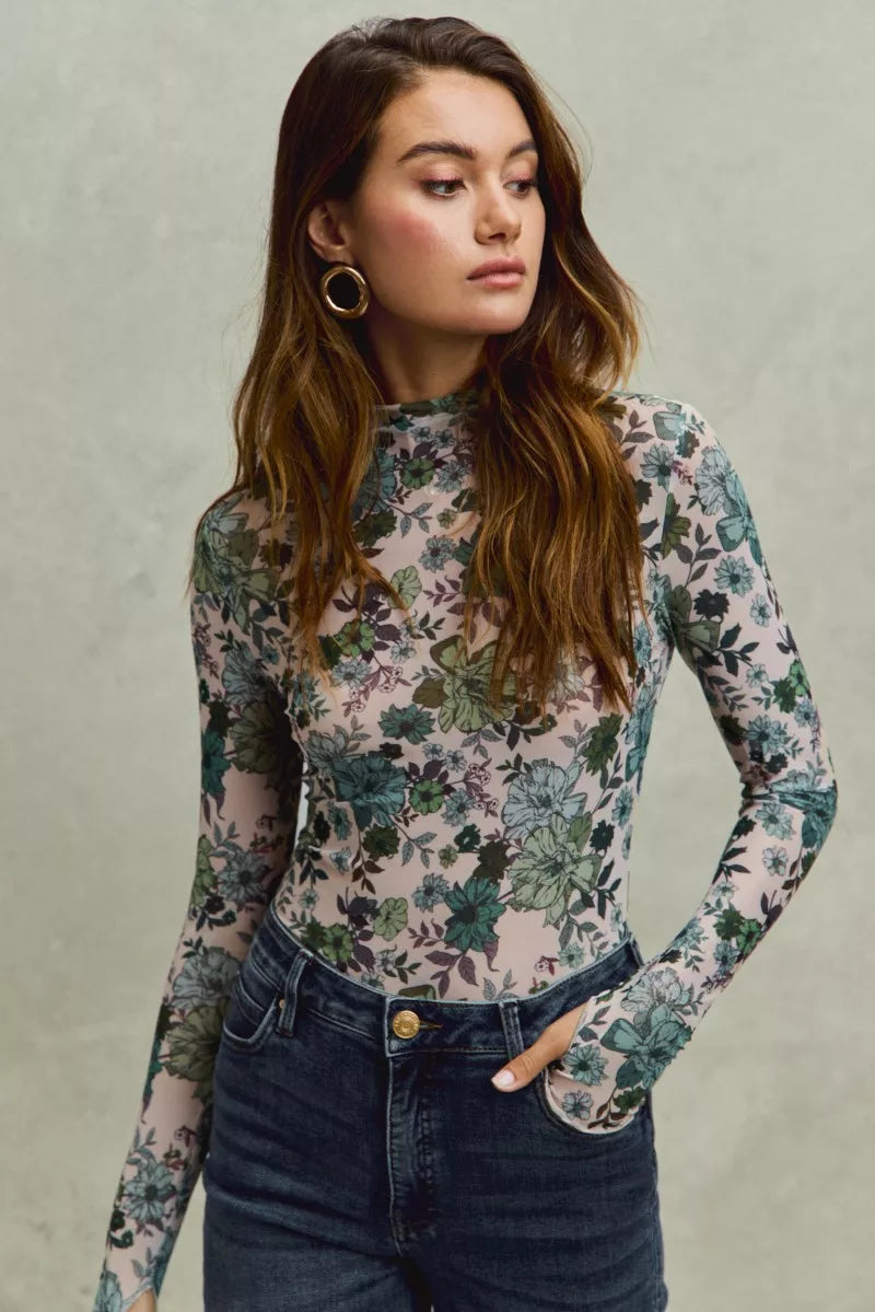 SO ME Floral Print Mesh Knit Long Sleeves Top