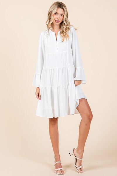Tiered Notched Flare Sleeve Dress
