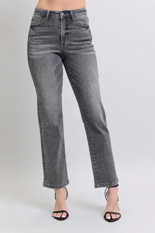 High Waist Rhinestone Straight Jeans