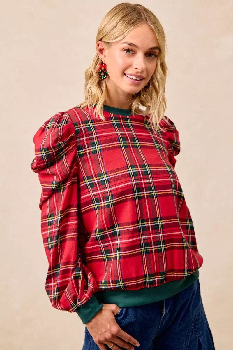 Plaid Exaggerated Shoulder Top