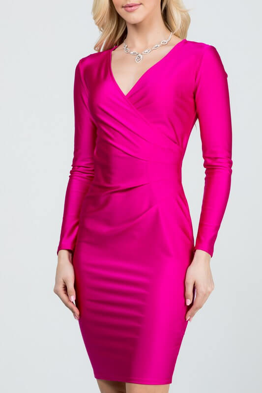 Hot pink long sleeve shiny tricot overlap midi dress, mermaid silhouette, party style, knee length, overlap neckline.