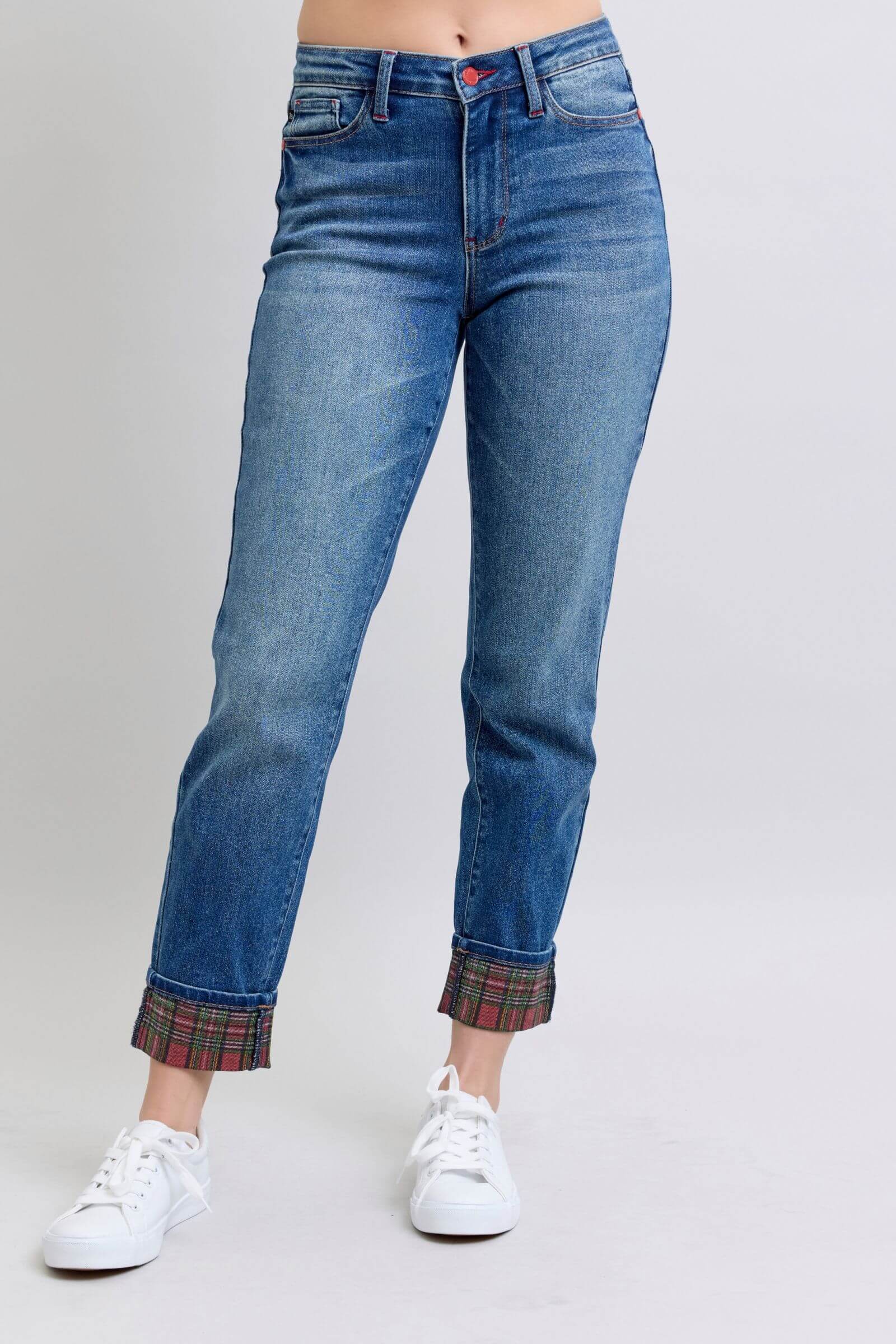 Plaid Print Cuff Straight Leg Jeans
