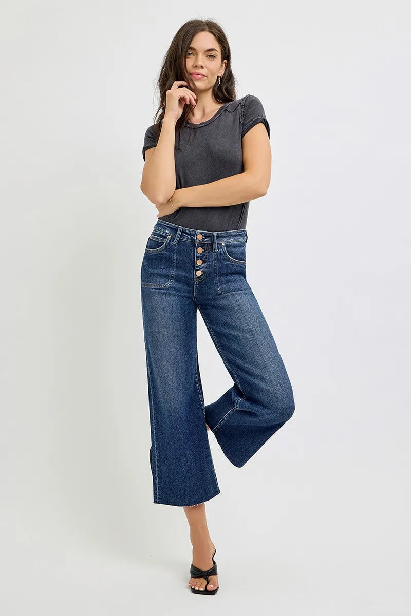 High Rise Wide Button Up Crop Jeans