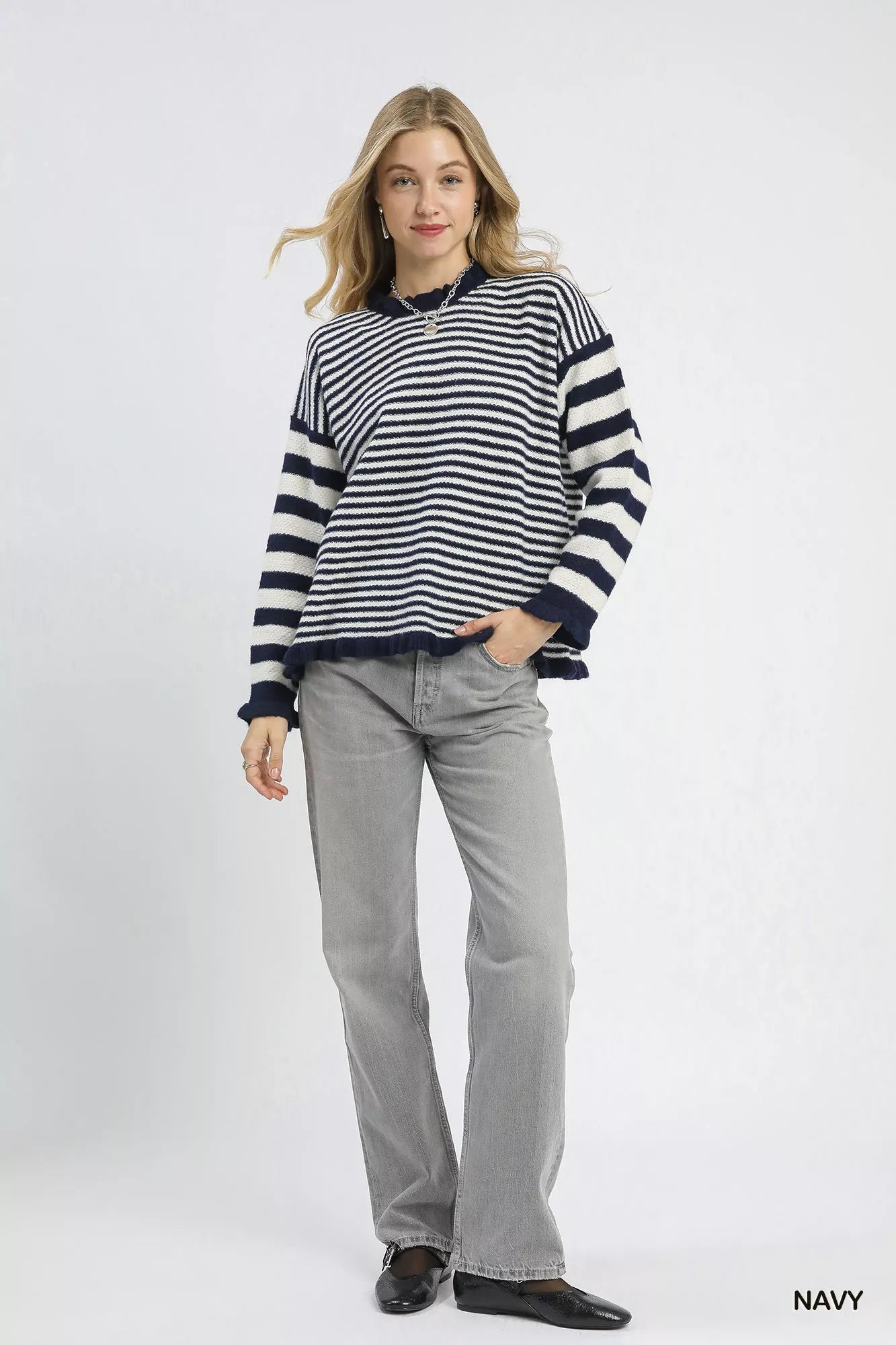 Ruffle Neck Stripe Sweater