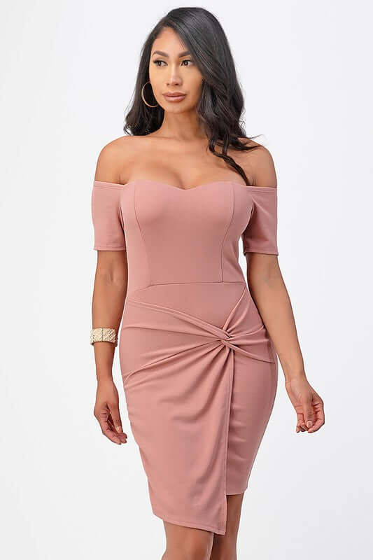 Off Shoulder Front Twist Bodycon Dress