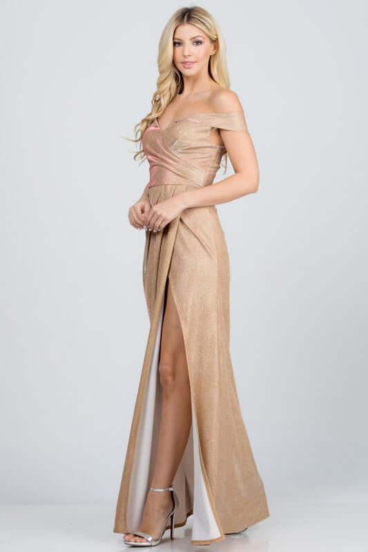 Off Shoulder Glitter Jacquard Gathered Gown