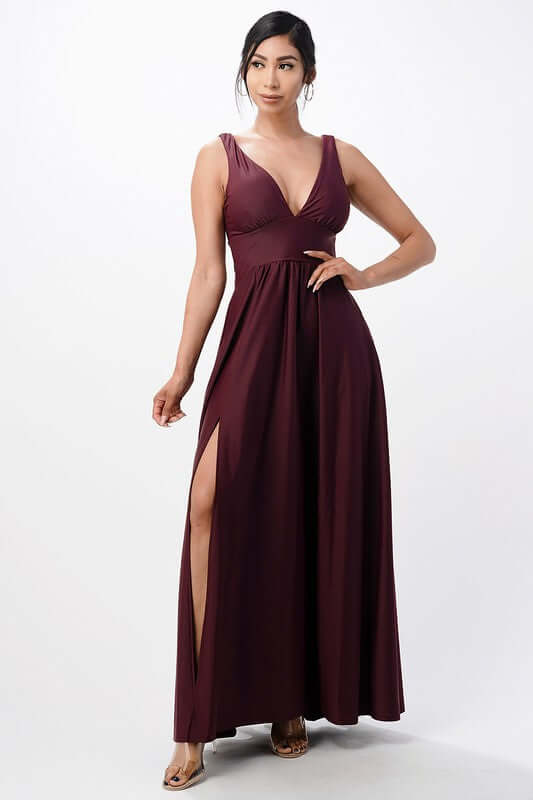 Dull Tricot Deep V-Neck A-Line Dress