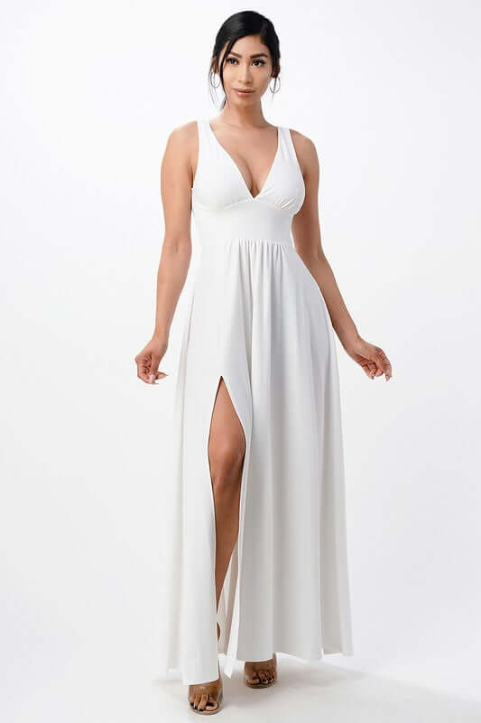 Dull Tricot Deep V-Neck A-Line Dress