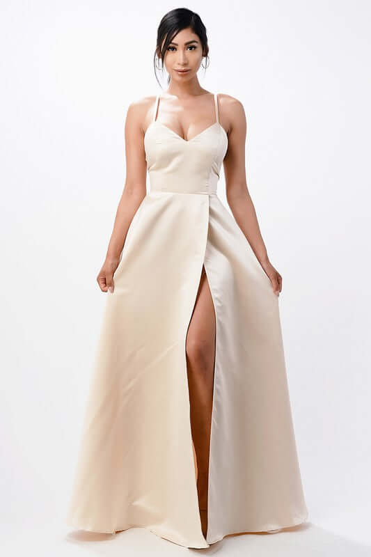 Open Side Back Spaghetti Zig Zag Tie Satin Gown