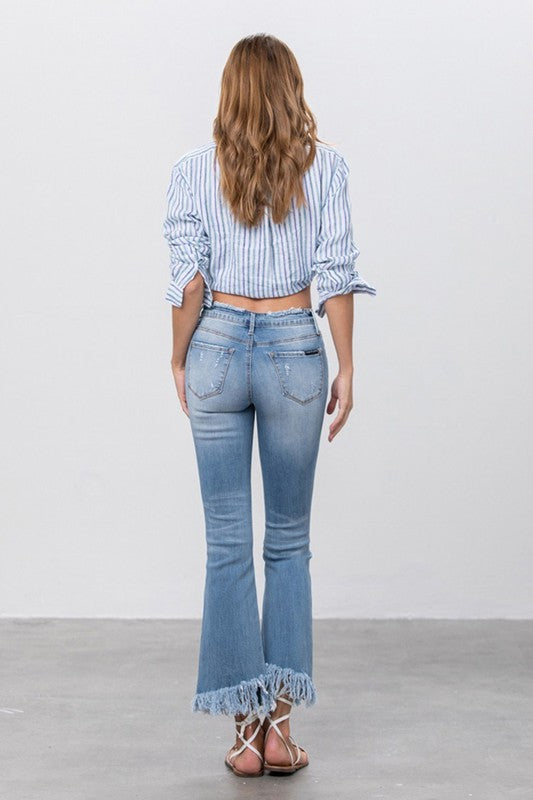 Mid Rise Frayed Flare Crop Jeans