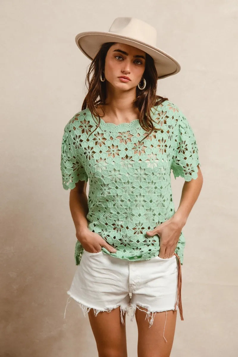 Openwork Crochet Short Sleeve Knit Top