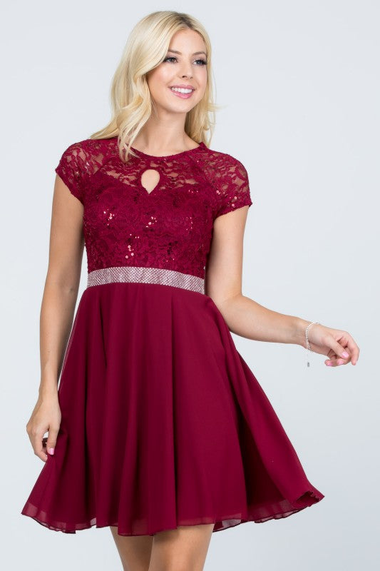 Lace Bodice Beaded Belt Chiffon Mini Dress
