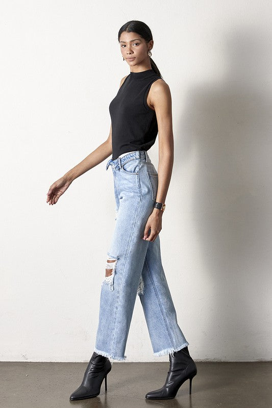 Flip Waist Distressed Straight Leg Jeans