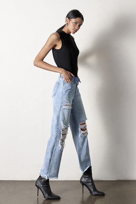 Flip Waist Distressed Straight Leg Jeans
