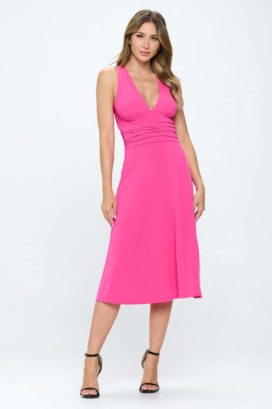 Solid Deep V-Neck Dress with Slit
