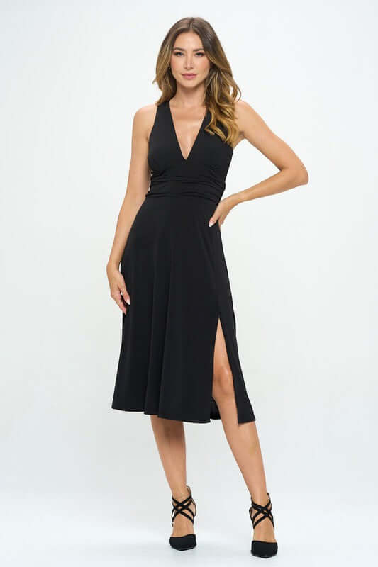 Solid Deep V-Neck Lined Dress with Slit