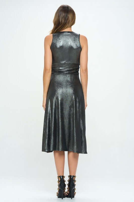 Metallic Solid Deep V Neck Lined Dress