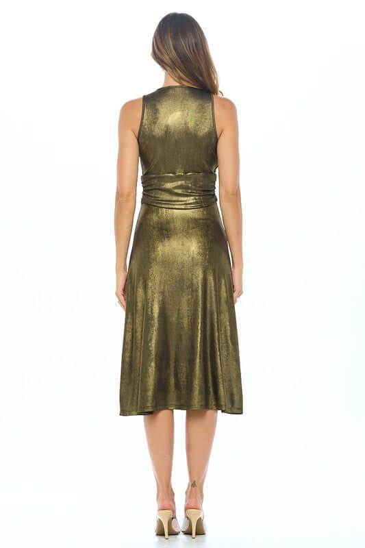 Metallic Solid Deep V-Neck Lined Dress
