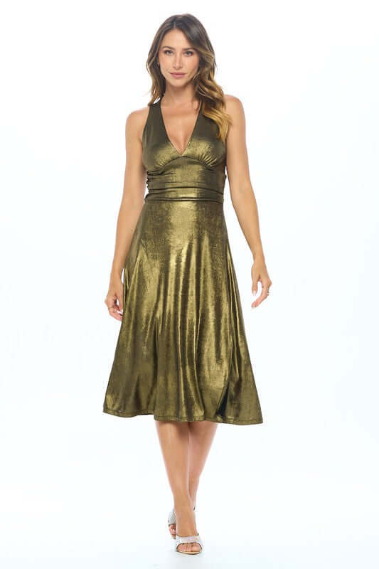 Metallic Solid Deep V-Neck Lined Dress