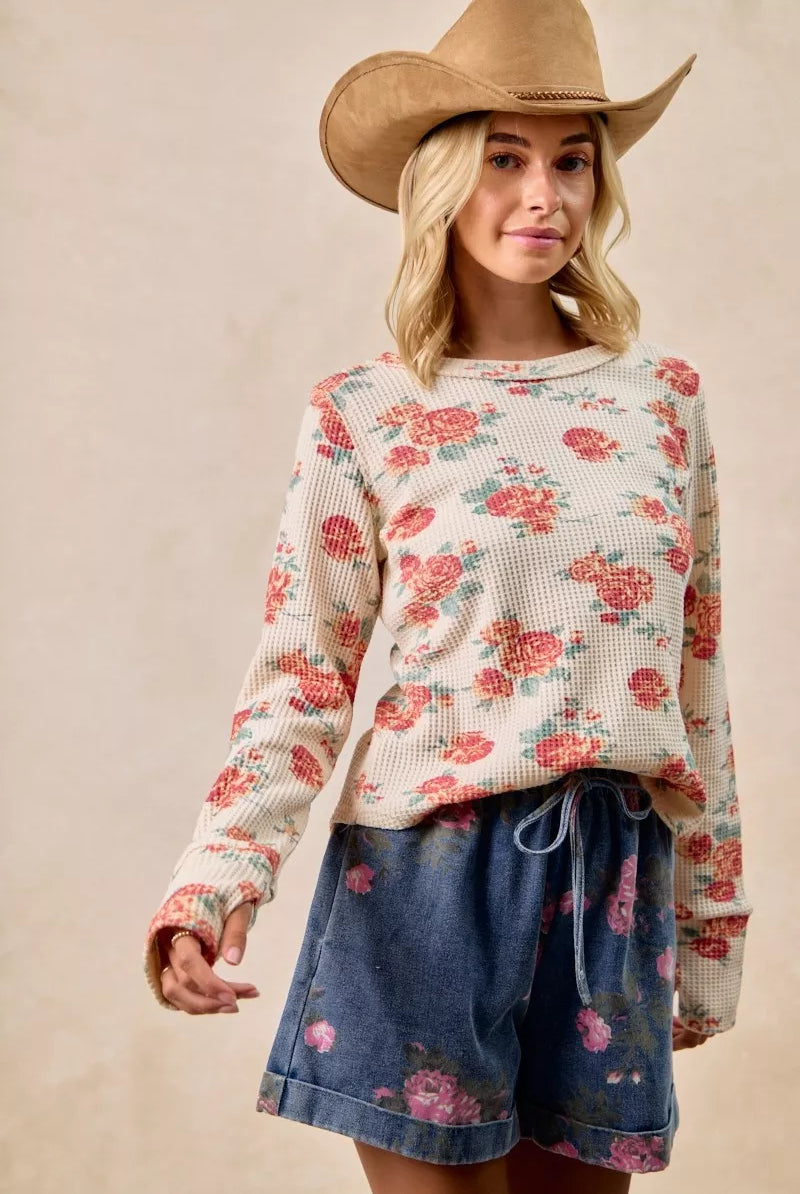 Floral Washed Waffle Thermal Top