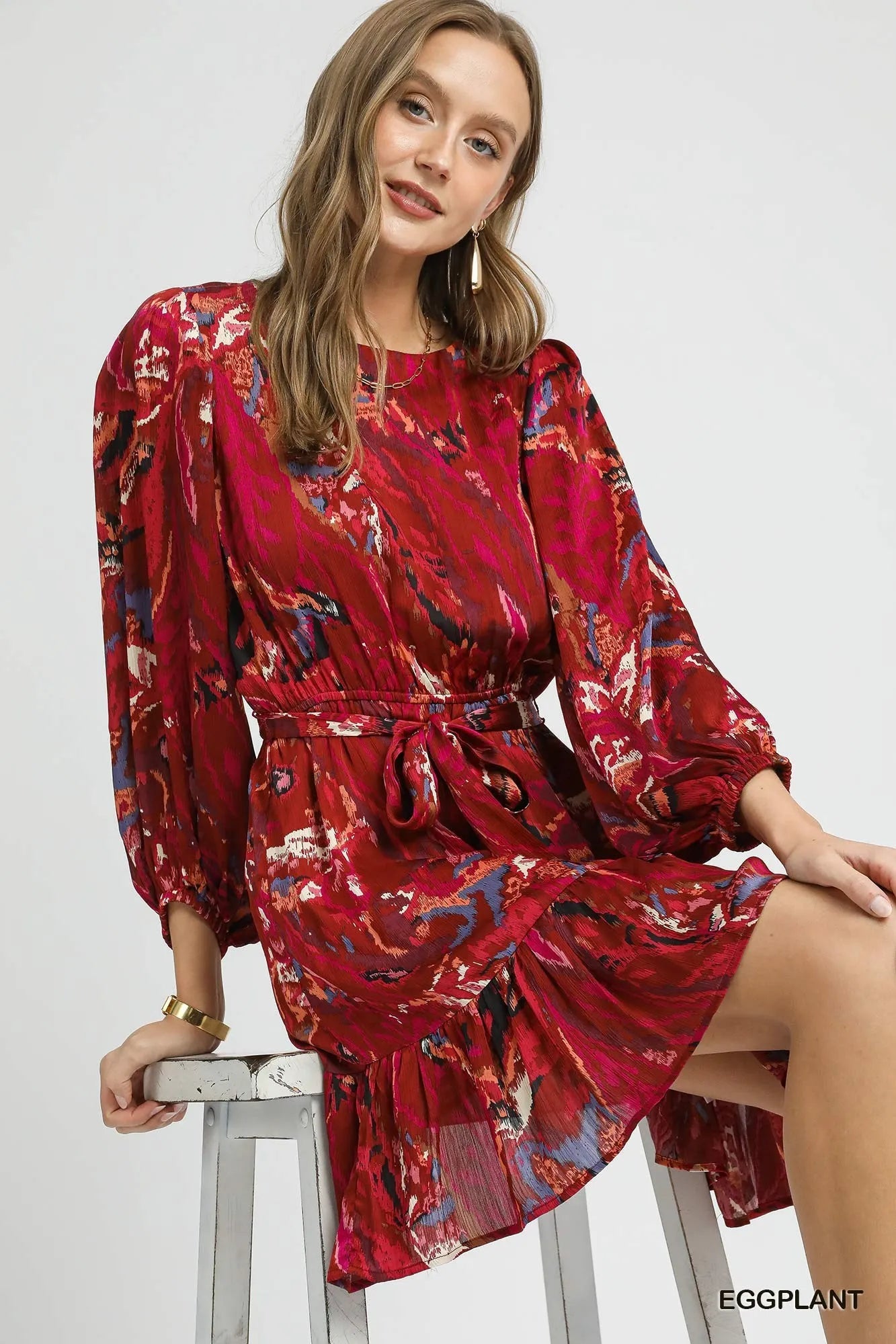Ruffled Hem Printed Balloon Sleeve Dress